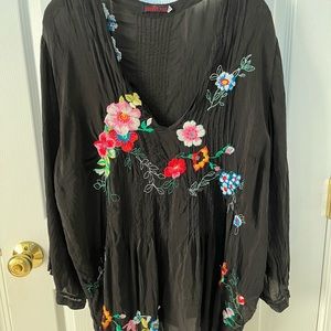 Johnny Was Boho Black Floral Top